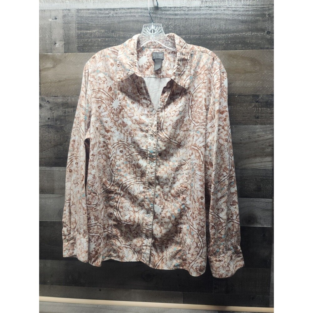 Expressions By Chicos Women's Sz 3 Long Sleeve Button Up Blouse Tan/ Turquoise